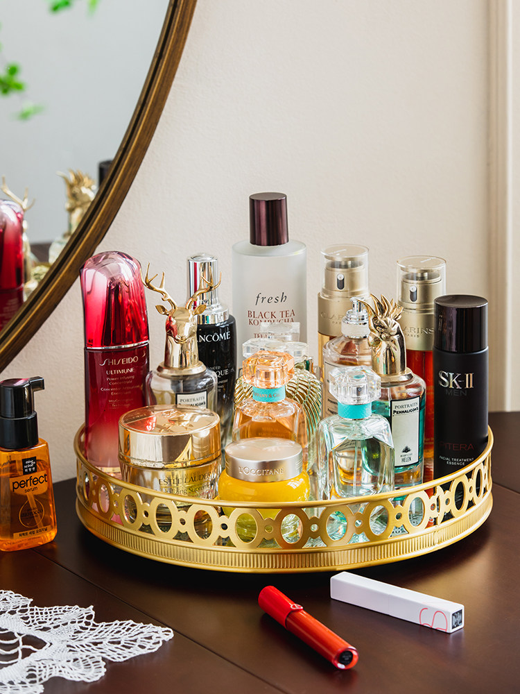 Luxury Skincare Tray - Lekki luksus, lustrzana, mosiężna, obrotowa taca